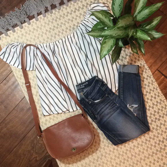 Urban Outfitters Tops - Off the Shoulder Black And White Pin Stripe Top